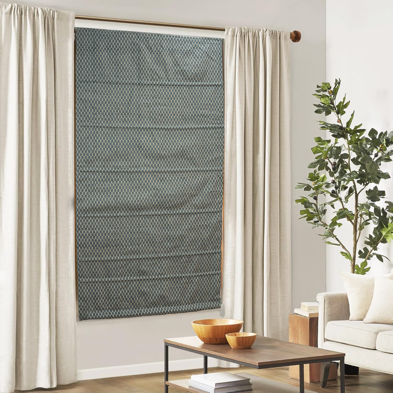 Pure Linen Handmade Block Print Roman Shade-Hariyali