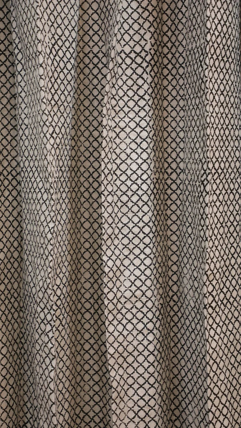 Pure Linen Boho Block Print Curtains-Kabutar Jaal