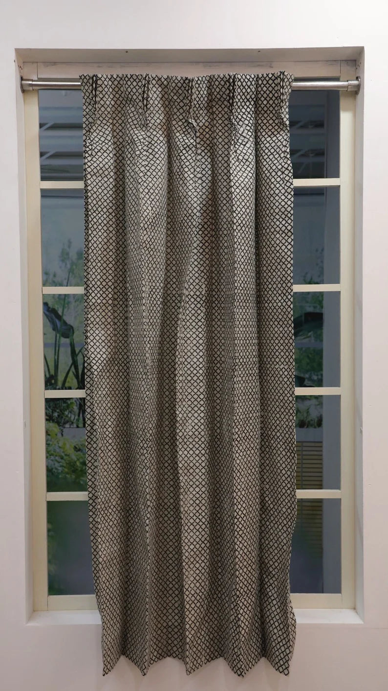 Pure Linen Boho Block Print Curtains-Kabutar Jaal