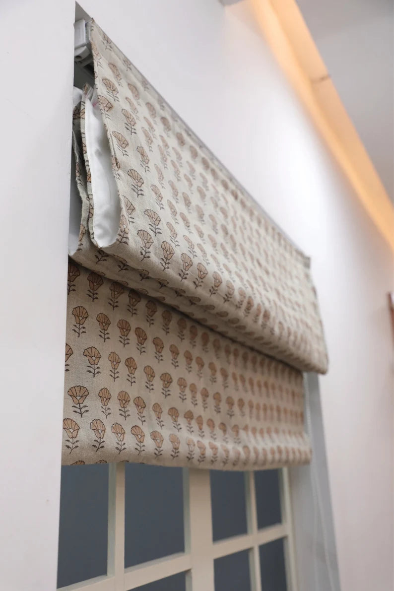 Pure Linen Block Print Roman Shade -Kohinoor